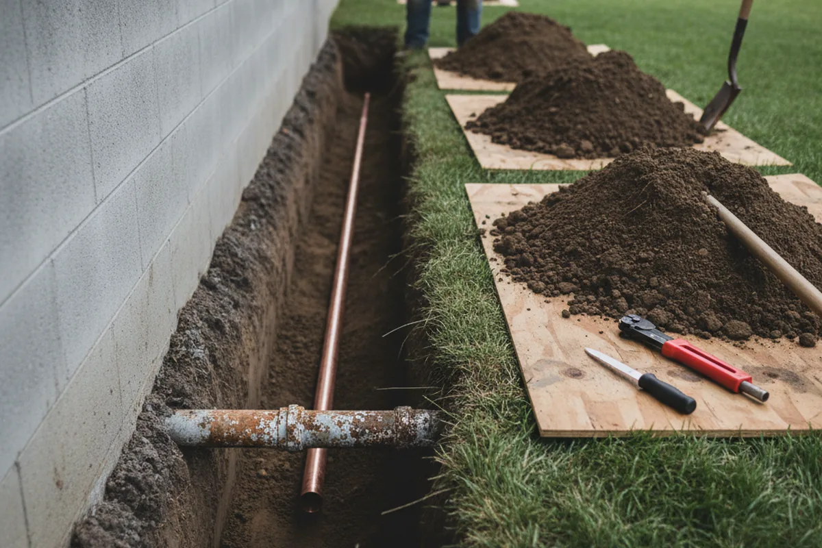 Excavated water line trench during Water Softener Installation in Spring Hope